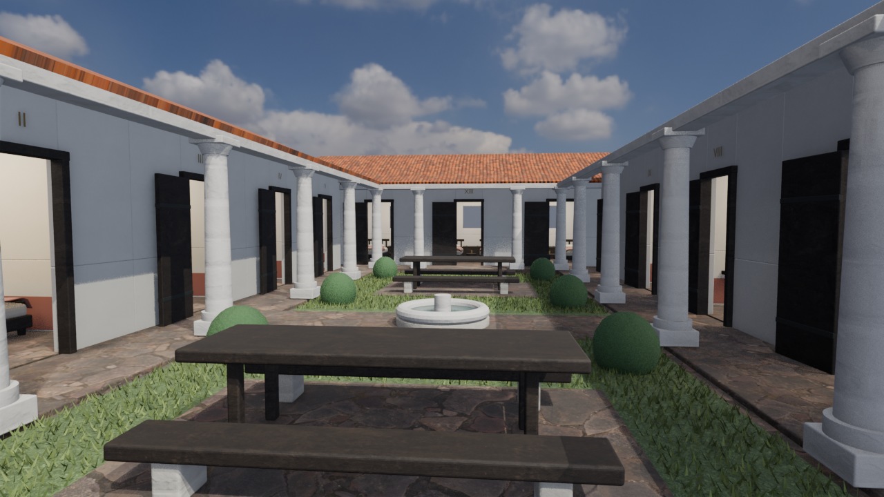 A grassy courtyard framed by white columns, with stone walks, timber tables, and a small fountain basin
